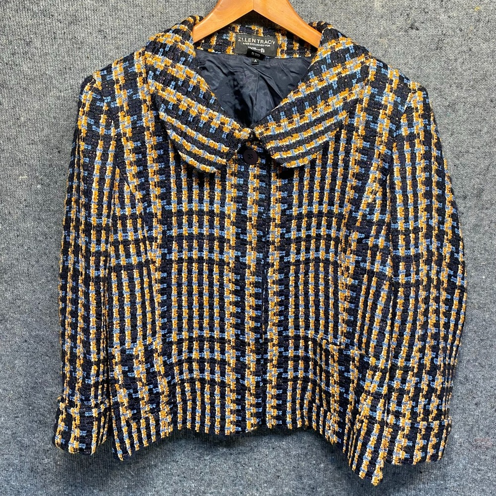 Ellen Tracy Dillard’s Size 16 Plaid Tweed Boucle Jacket Blazer Blue Gold Black